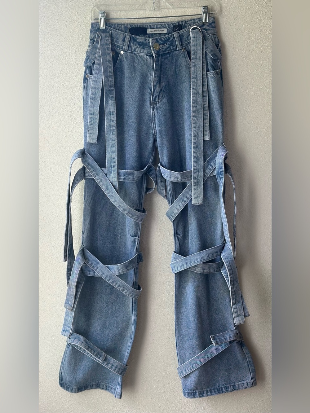 Maniere De Voir Light Blue Strap-Detail Wide Leg Jeans Size 4